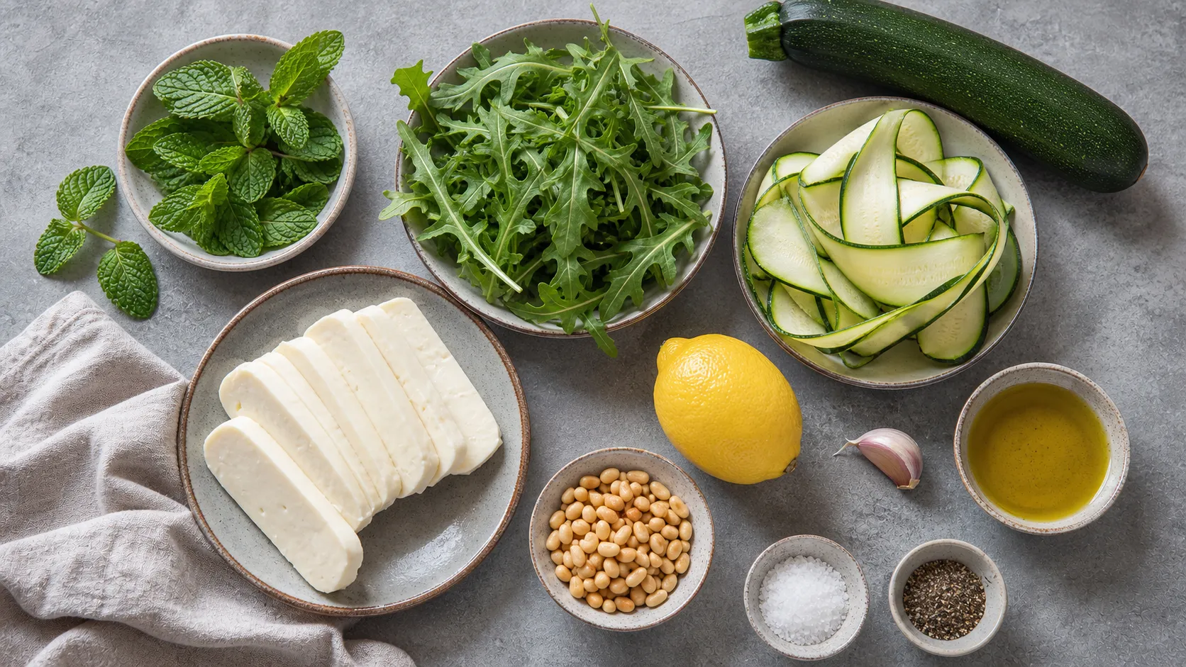 Zutaten für Keto Halloumi-Zucchini-Salat: Halloumi, Zucchini, Rucola, Minze, Pinienkerne und Zitrone