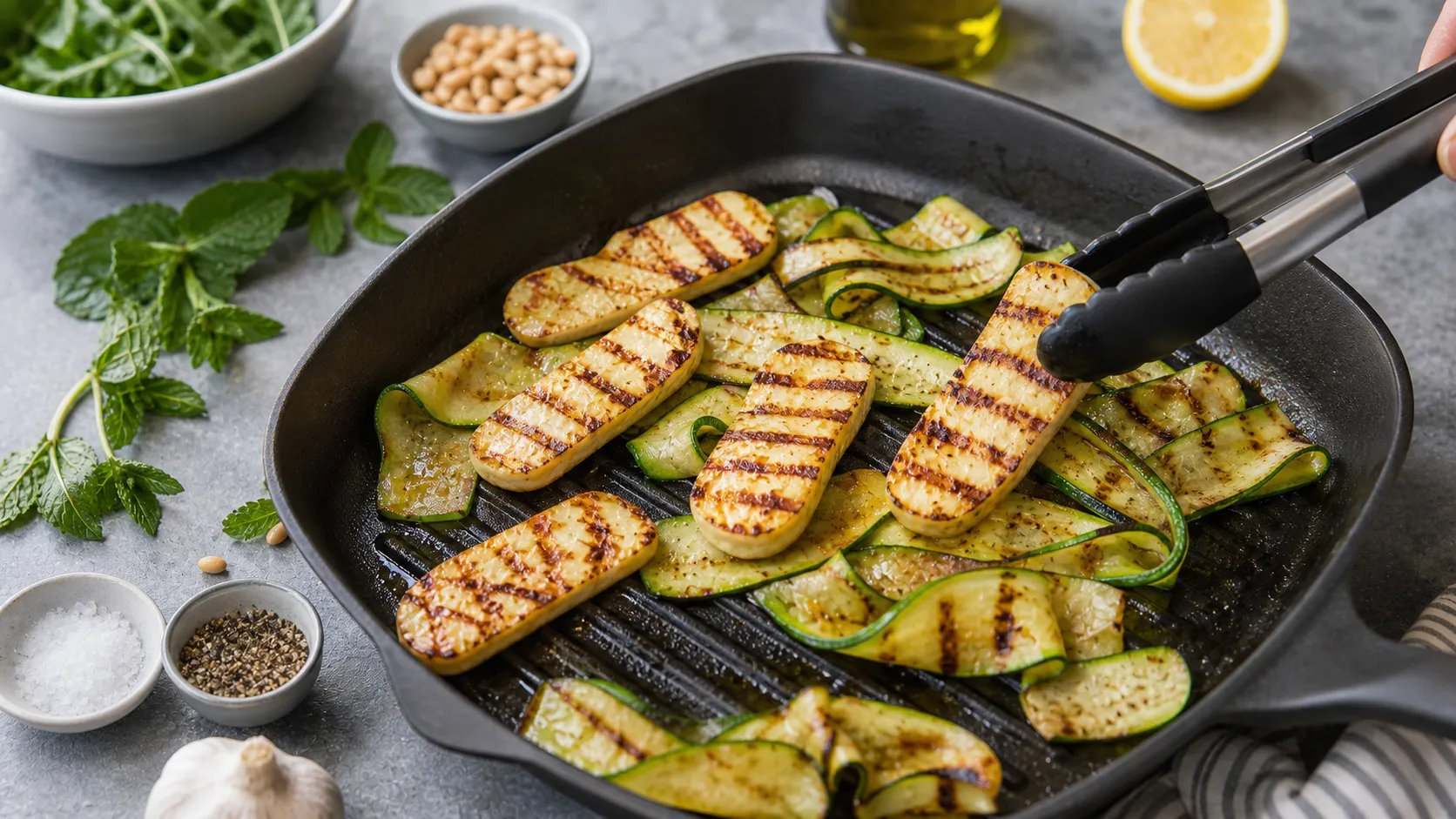 Halloumi-Scheiben und Zucchinistreifen mit Grillstreifen in einer heißen Grillpfanne