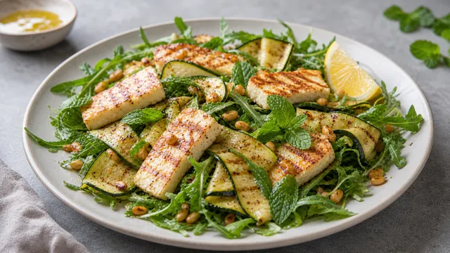 Keto-Salat mit gegrilltem Halloumi, Zucchinistreifen, Rucola, Minze und Pinienkernen auf einem Teller