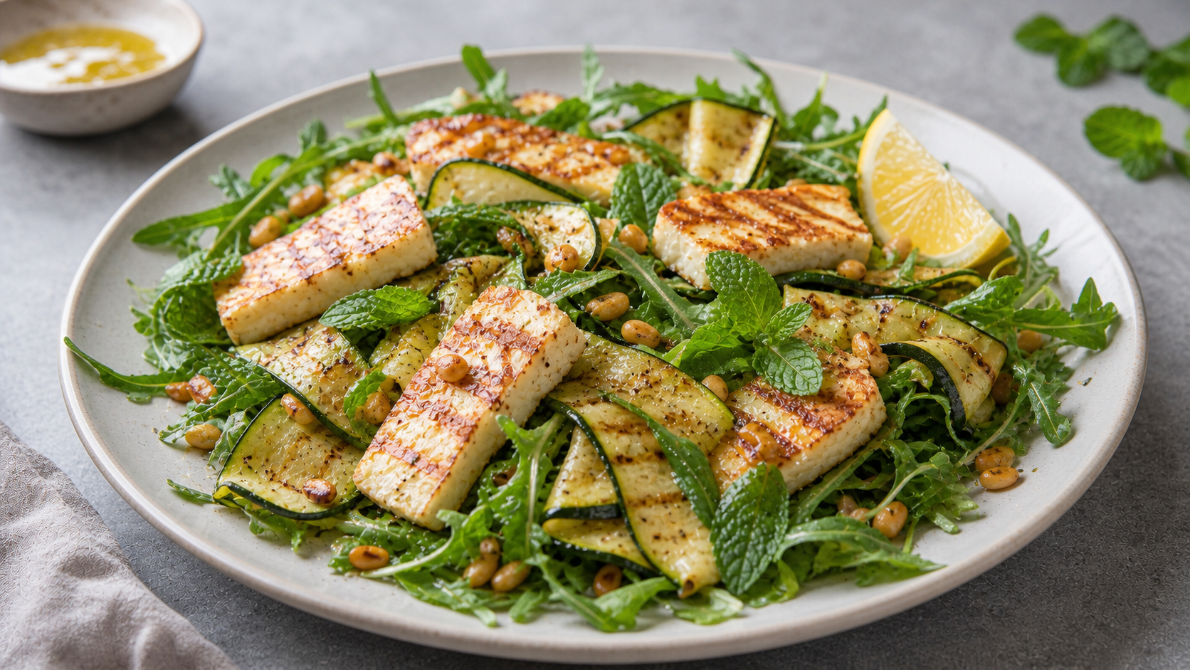 Keto-Salat mit gegrilltem Halloumi, Zucchinistreifen, Rucola, Minze und Pinienkernen auf einem Teller