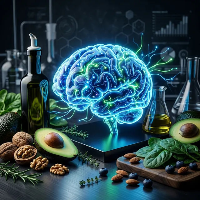 Stilisiertes Gehirn mit neuronaler Aktivität, umgeben von gesunden Keto-Lebensmitteln wie Avocados und Olivenöl.