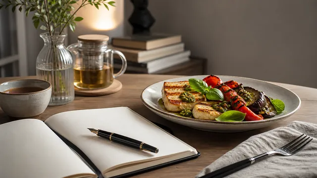 Ruhiger Schreibtisch mit leerem Stimmungsjournal, Tee und einem Keto-Teller mit Halloumi, Paprika und Aubergine