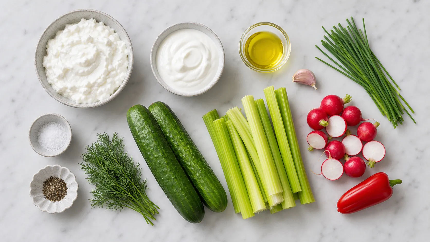 Zutaten für Keto Gemüsesticks mit Kräuterquark-Dip: Quark, Crème fraîche, Kräuter und rohes Gemüse