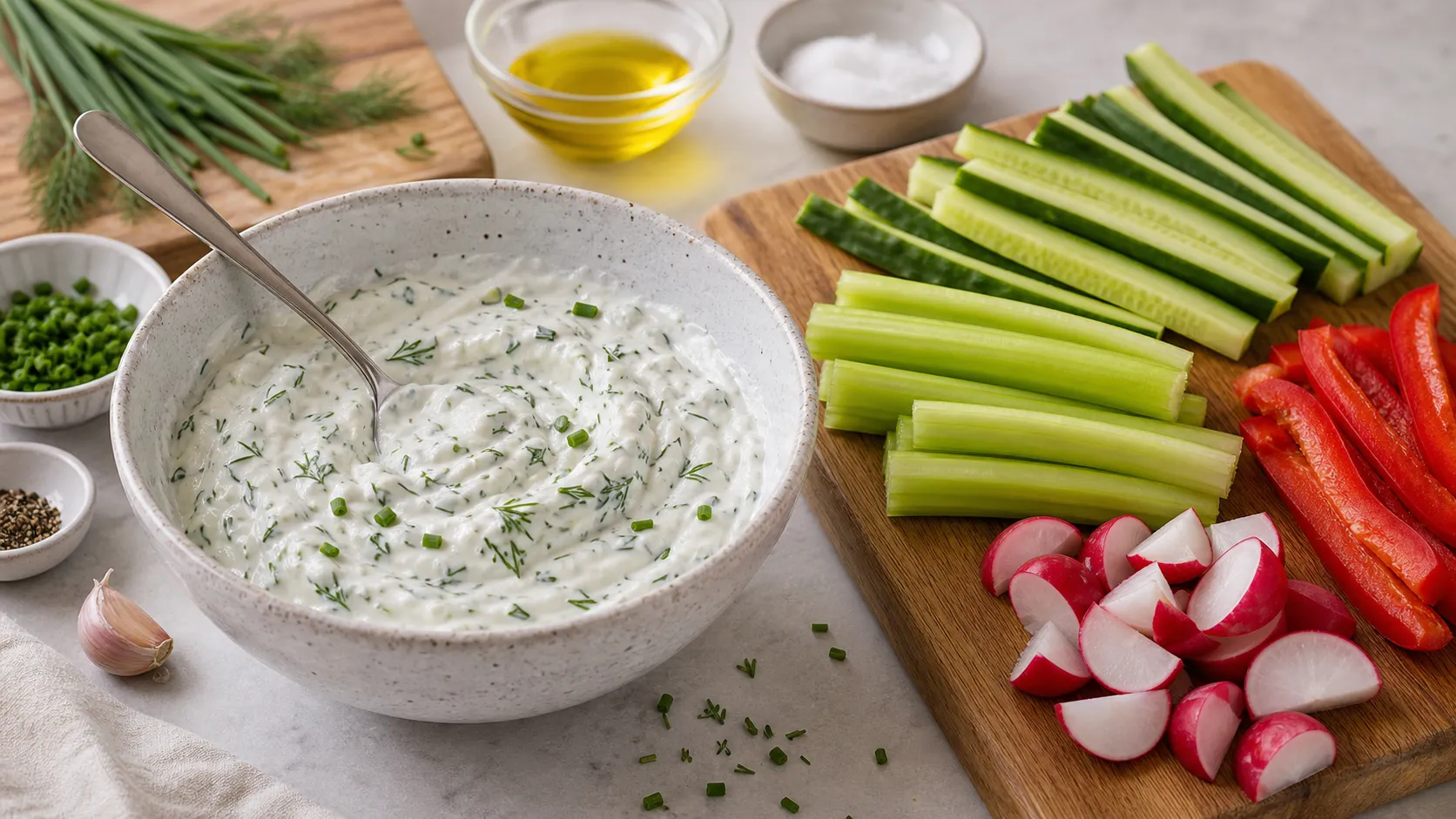 Kräuterquark-Dip wird in einer Schüssel angerührt, daneben geschnittene Gemüsesticks