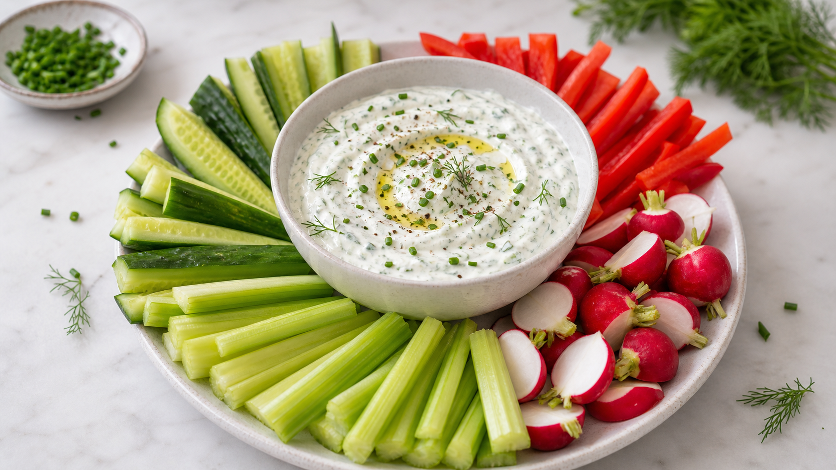 Keto Gemüsesticks aus Gurke, Paprika und Radieschen mit cremigem Kräuterquark-Dip