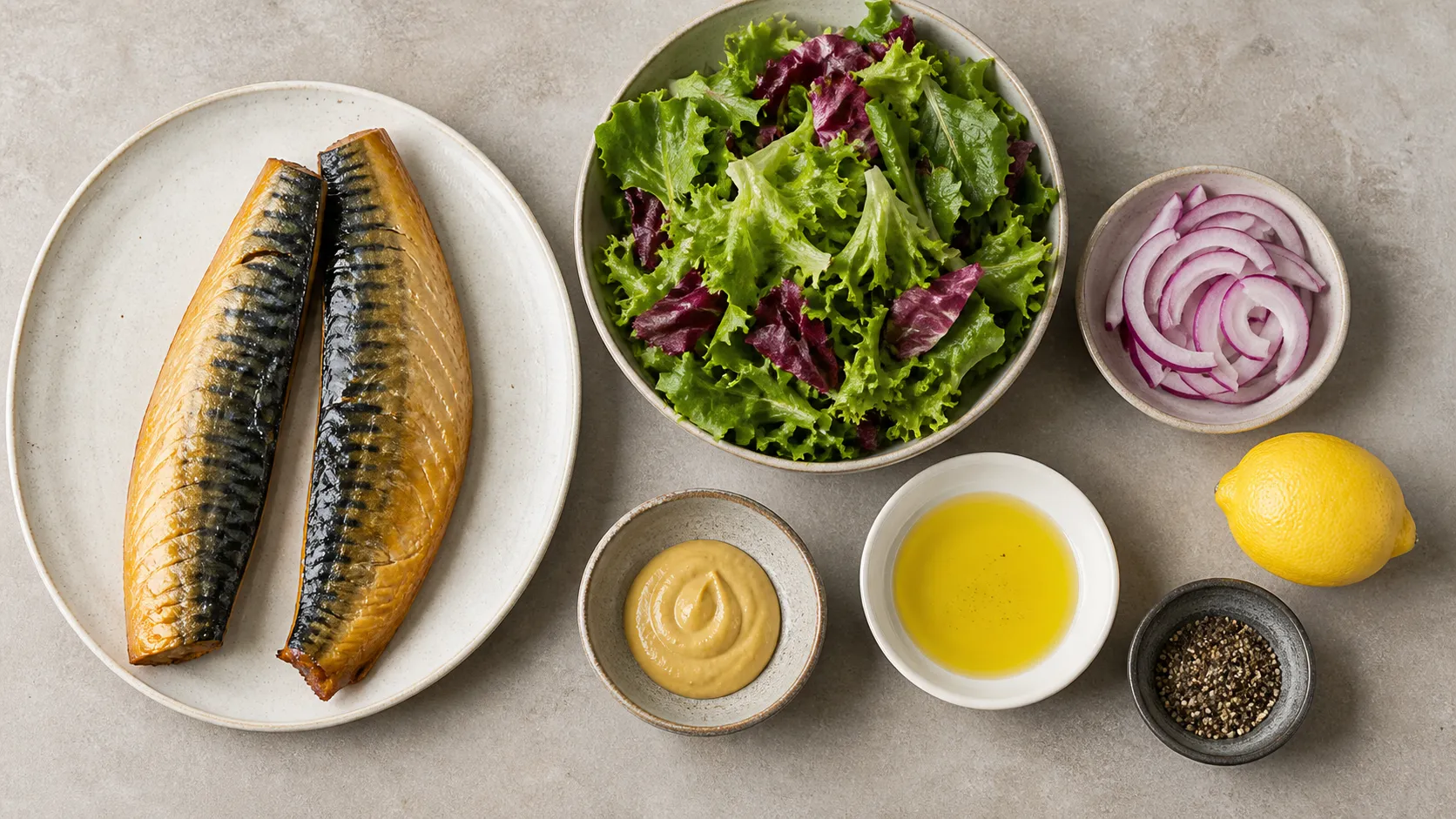 Zutaten für Räucherforellen-Salat: Forellenfilet, Blattsalat, Gurke, Avocado, Radieschen, Walnüsse und Meerrettich