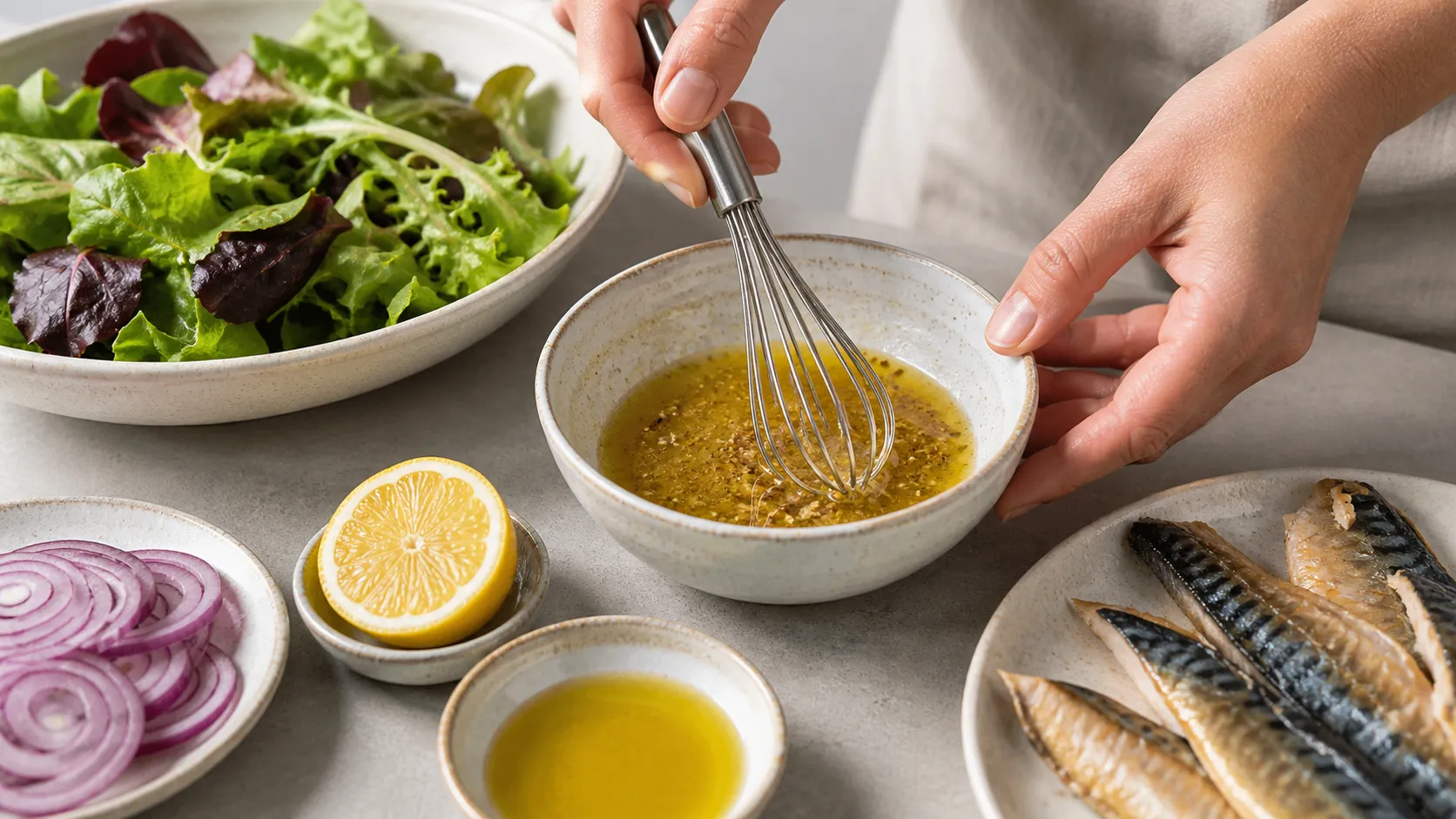 Cremiges Meerrettich-Dressing wird in einer Schüssel mit Crème fraîche und geriebenem Meerrettich verrührt