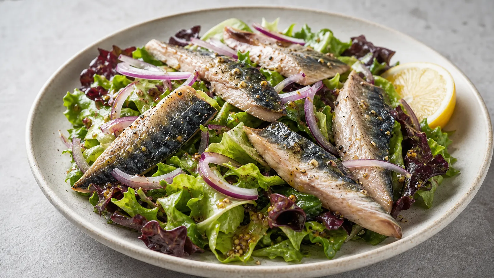 Keto Blattsalat mit geräucherter Makrele, roter Zwiebel und Senf-Vinaigrette