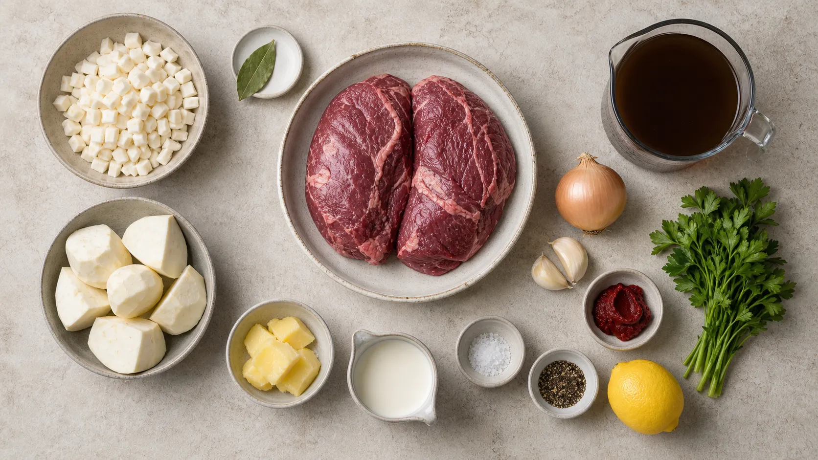 Zutaten für Keto-Ochsenbacke mit Selleriepüree: Ochsenbacken, Knollensellerie, Brühe, Butter, Sahne, Zitrone und Petersilie