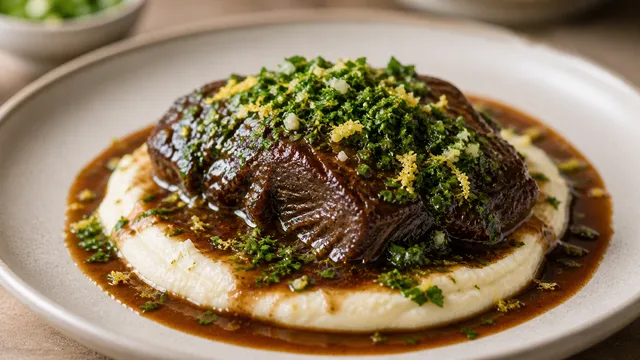 Geschmorte Keto-Ochsenbacke mit Selleriepüree, dunkler Sauce und Petersilien-Zitronen-Gremolata