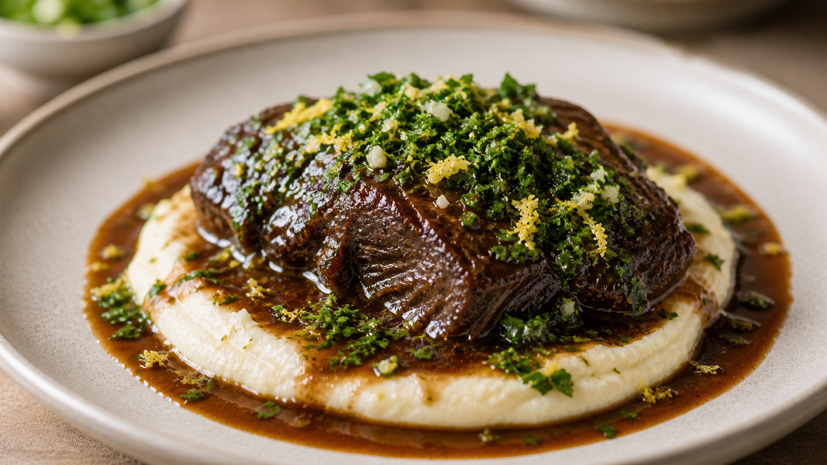 Geschmorte Keto-Ochsenbacke mit Selleriepüree, dunkler Sauce und Petersilien-Zitronen-Gremolata