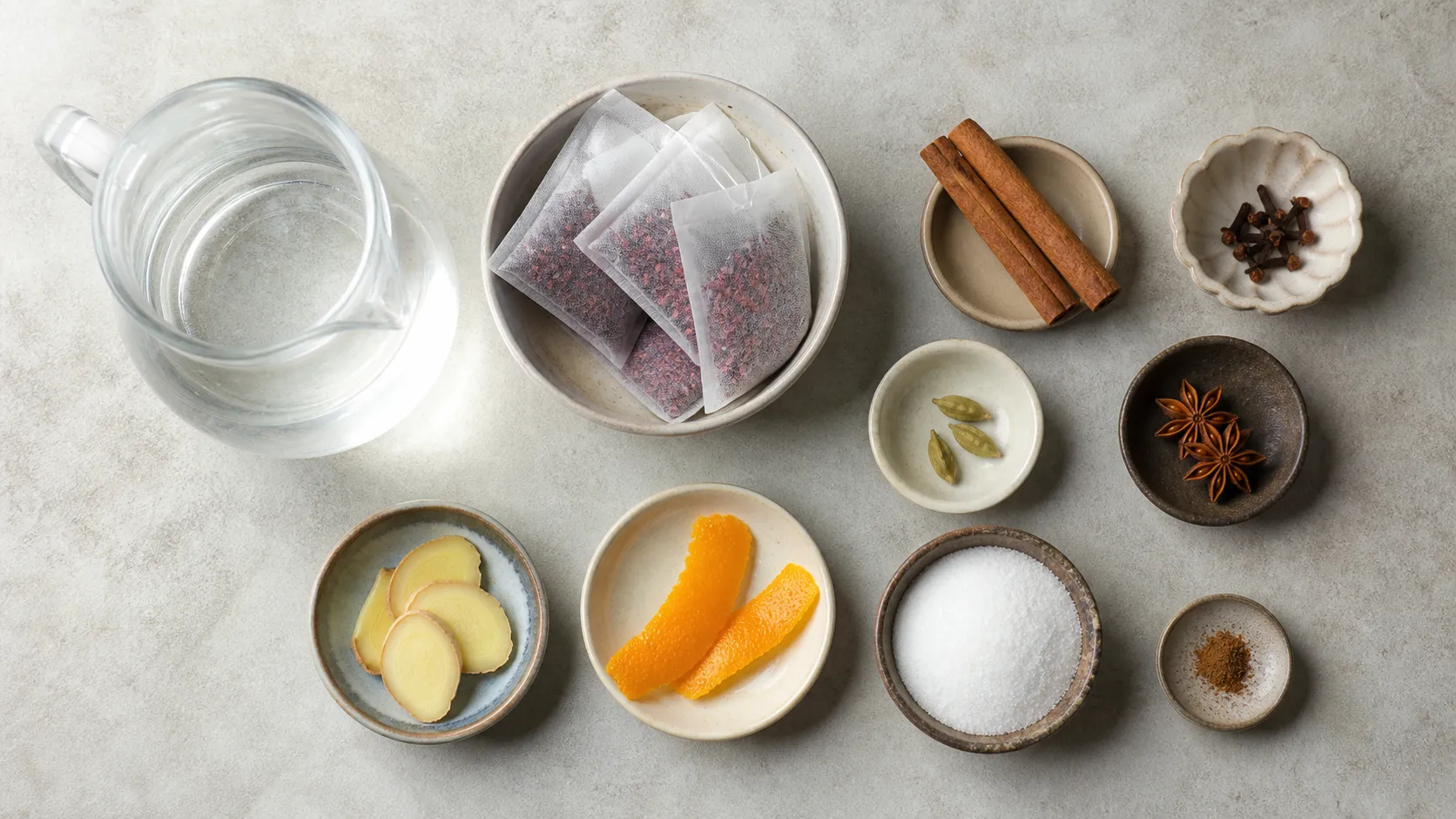 Zutaten für alkoholfreien Keto-Glühwein: Früchtetee-Beutel, Zimtstangen, Gewürznelken, Sternanis, Kardamom, Ingwer, Orange und Erythrit