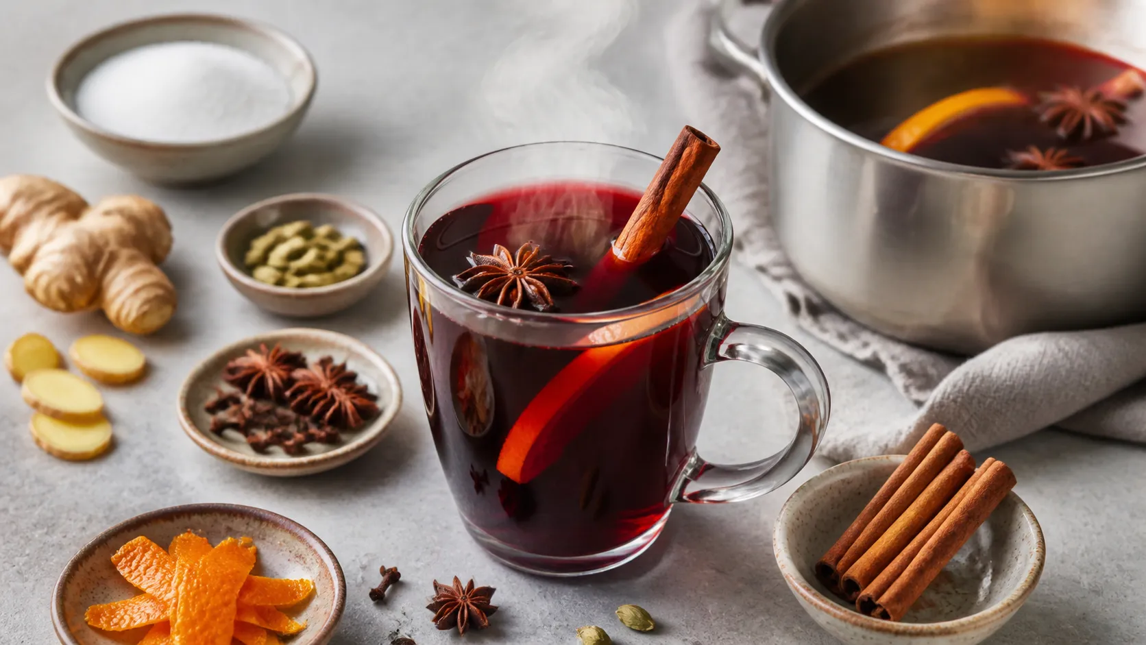 Keto-Glühwein: dampfender dunkelroter Gewürzpunsch in einer Glastasse mit Zimtstange, Sternanis und Orangenschale