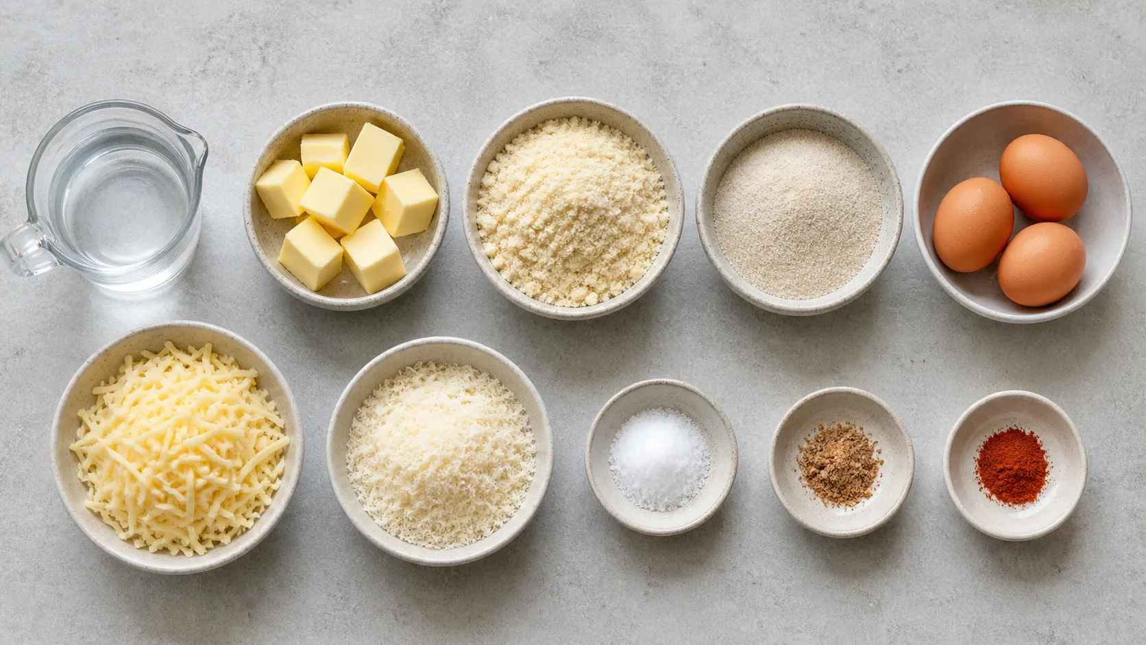 Zutaten für Keto-Gougères: Butter, Mandelmehl, Flohsamenschalen, Eier, Gruyère und Parmesan