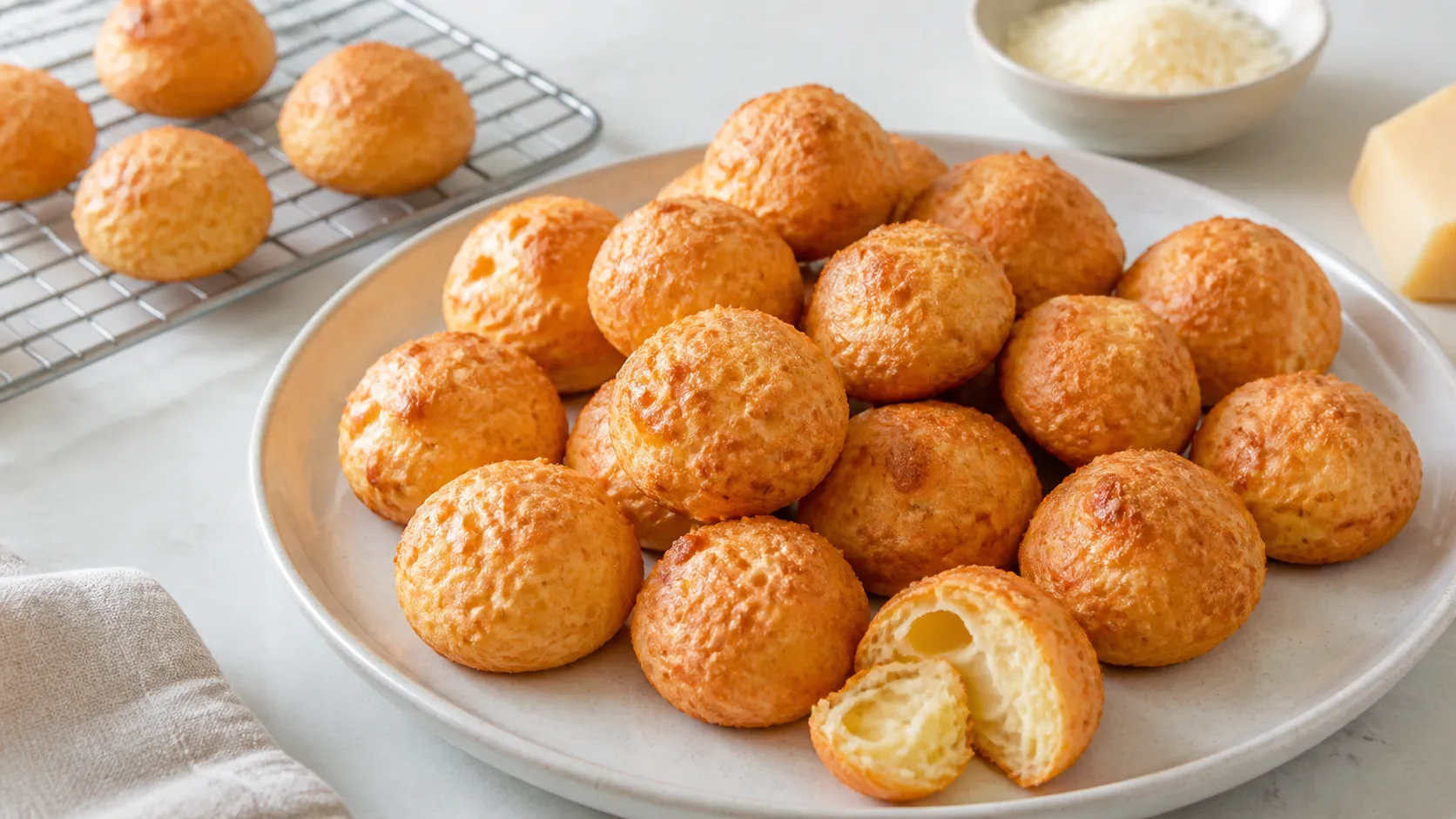 Goldbraune herzhafte Keto-Gougères aus Mandelmehl-Brandteig mit Gruyère auf einem Gitter