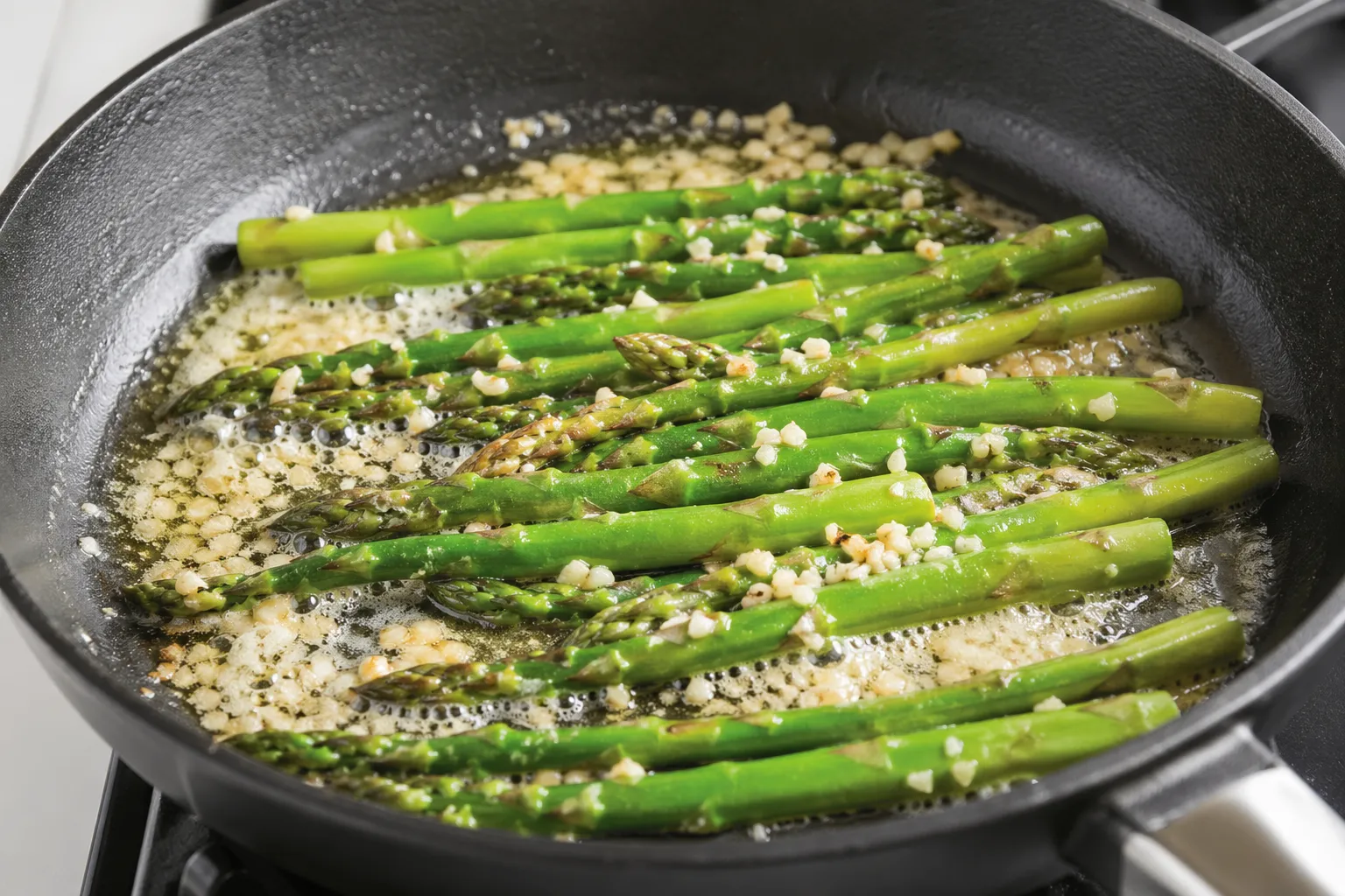 Grüner Spargel in der Pfanne mit Butter und Knoblauch für das Keto-Rezept