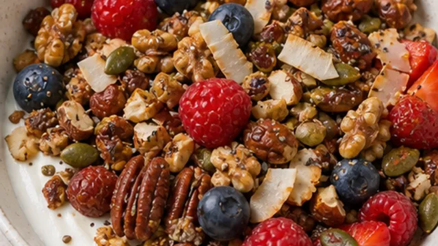 Keto-Granola mit Nüssen, Kernen und Beeren – getreidefrei selbst backen fertig angerichtet als ketogenes Rezept