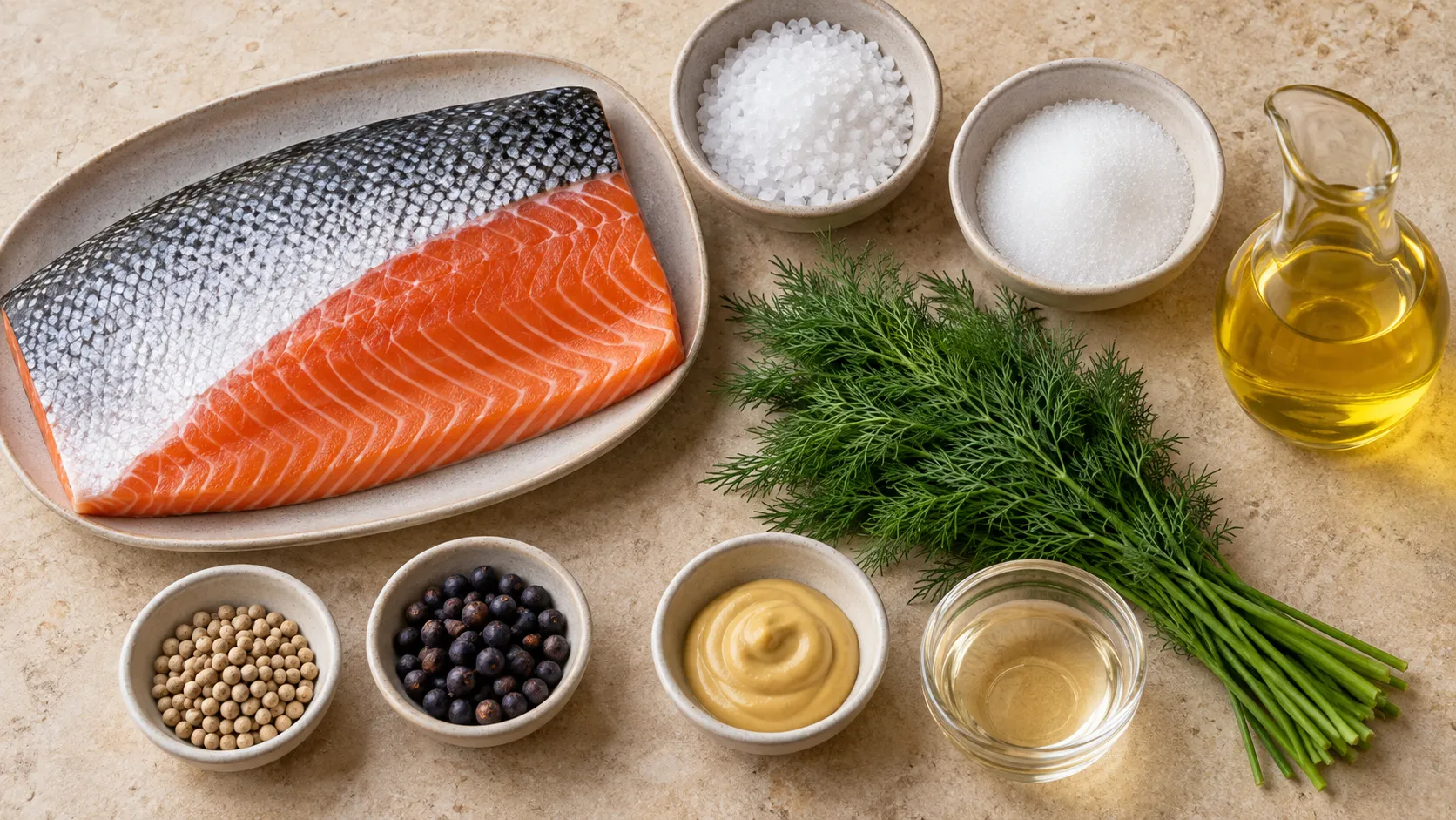 Zutaten für Keto-Graved Lachs: ein großes Lachsfilet mit Haut, grobes Meersalz, Erythrit, sehr viel Dill, weiße Pfefferkörner und Wacholderbeeren