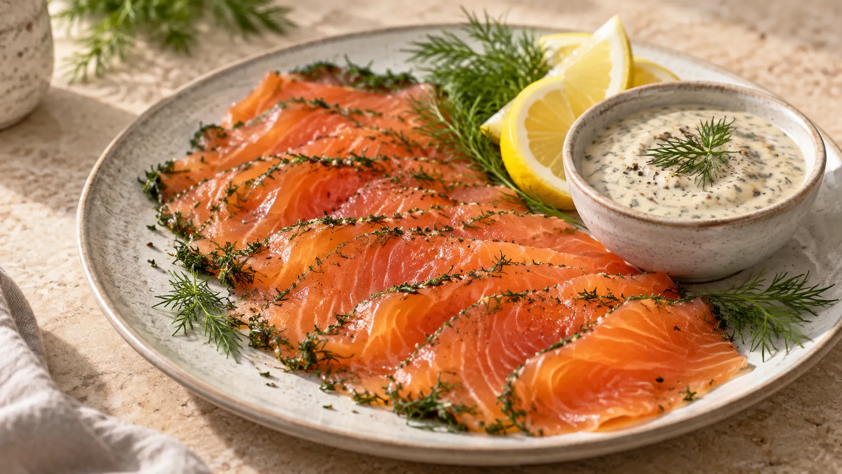Dünn aufgeschnittener gebeizter Lachs mit dunkelgrüner Dillkruste auf einem Teller, daneben ein Schälchen mit heller Dill-Senf-Sauce