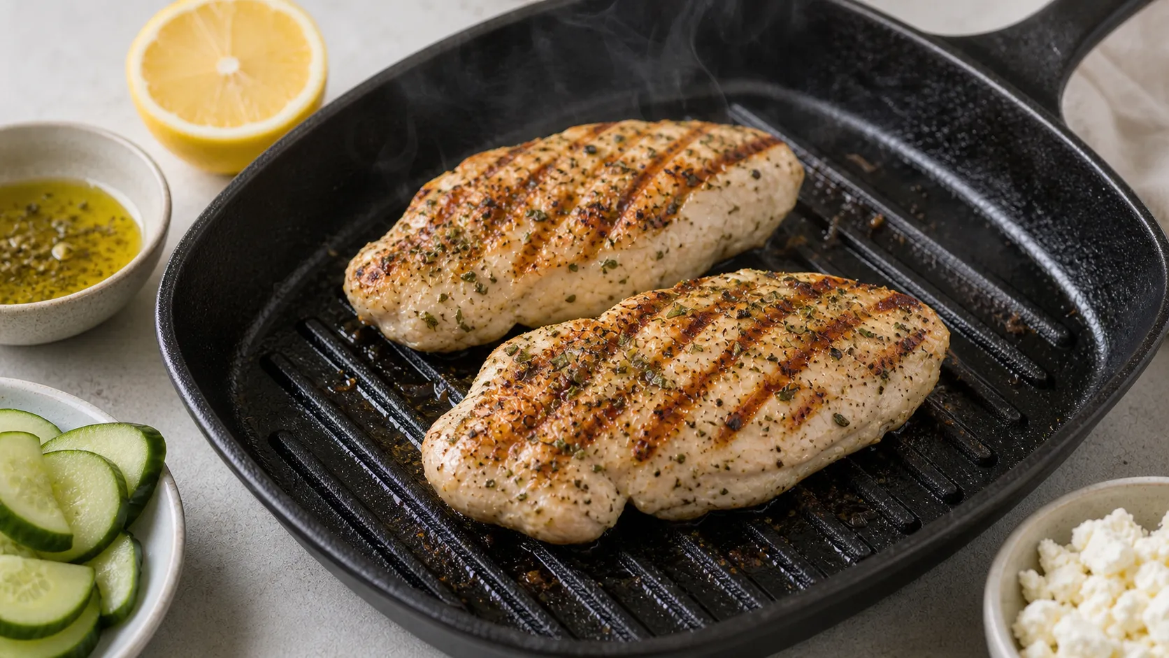 Hähnchenbrust für Keto Griechischen Salat wird in der Grillpfanne mit Oregano angebraten