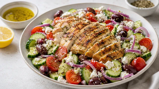 Keto Griechischer Salat mit gegrilltem Hähnchen, Feta, Oliven, Gurke, Tomaten und Oregano-Dressing