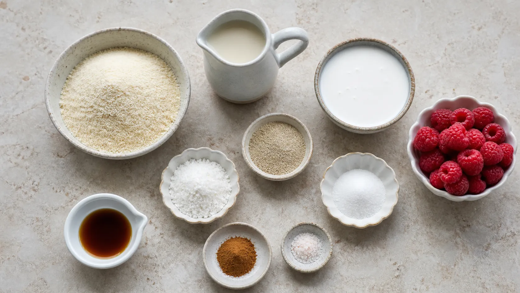 Zutaten für Keto Grießbrei: Mandelgrieß, Kokosmilch, Mandeldrink, Flohsamenschalen, Erythrit, Zimt und Himbeeren