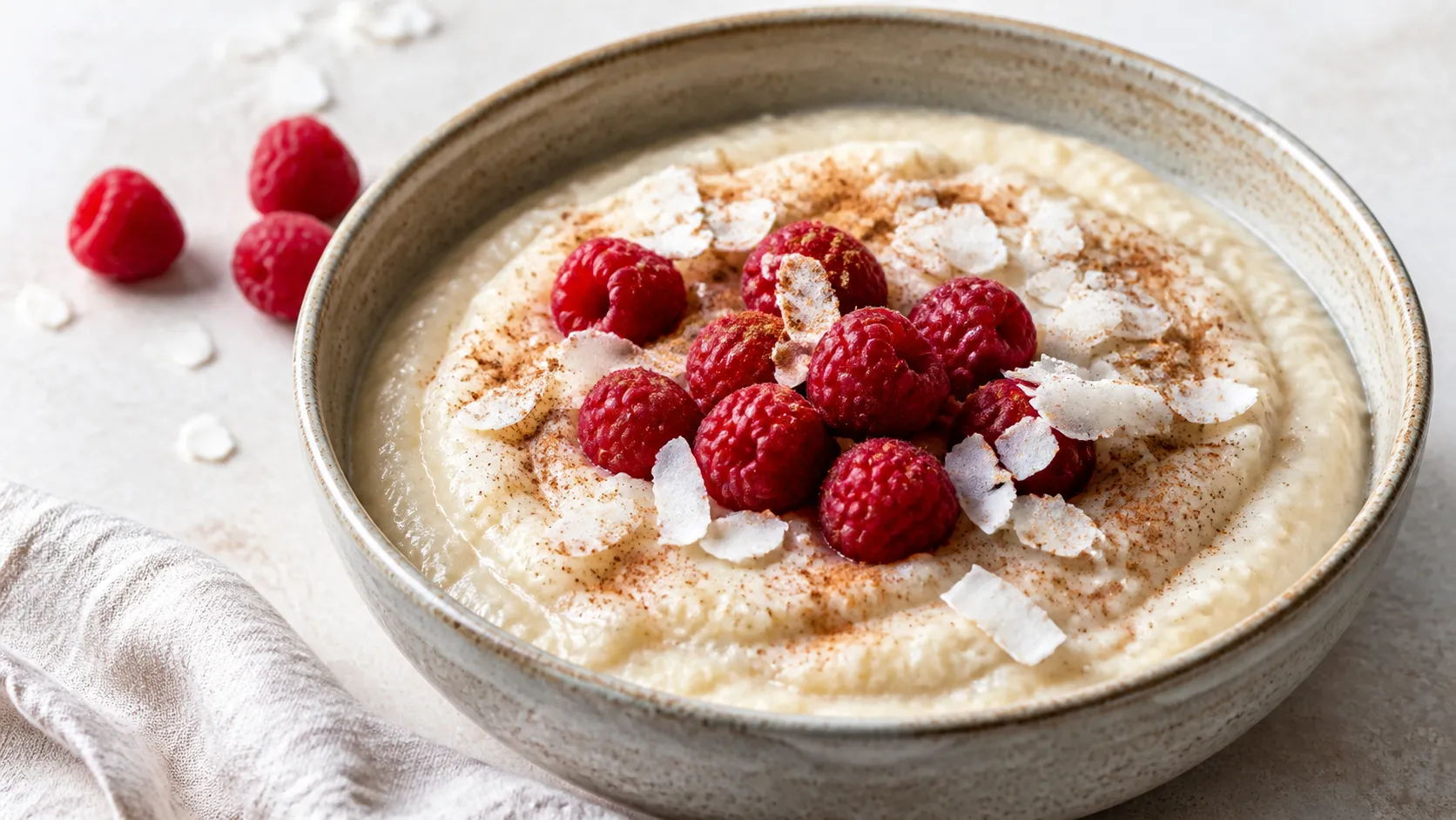 Schale mit cremigem Keto Grießbrei aus Mandelgrieß, bestreut mit Zimt, Himbeeren und Kokosraspeln