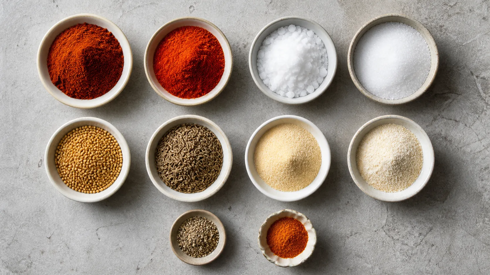 Zutaten für Keto-Grill-Rub: geräuchertes und edelsüßes Paprikapulver, Kreuzkümmel, Senfsaat, Knoblauchpulver, Erythrit und Meersalz