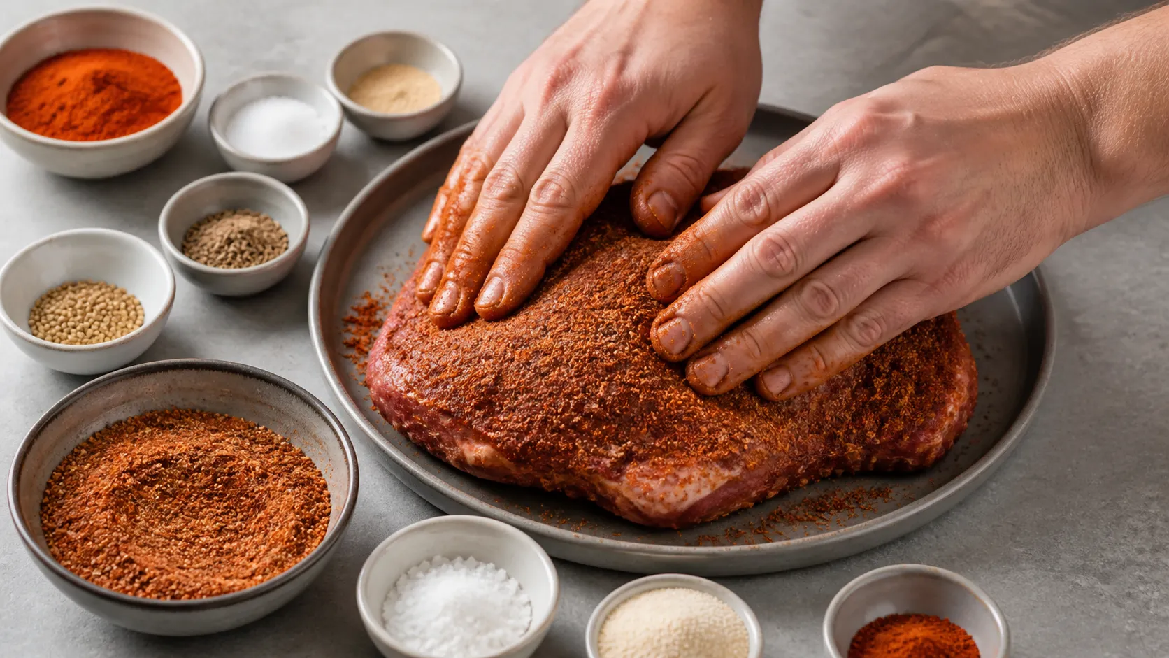 Ein Stück Fleisch wird mit der Gewürzmischung eingerieben