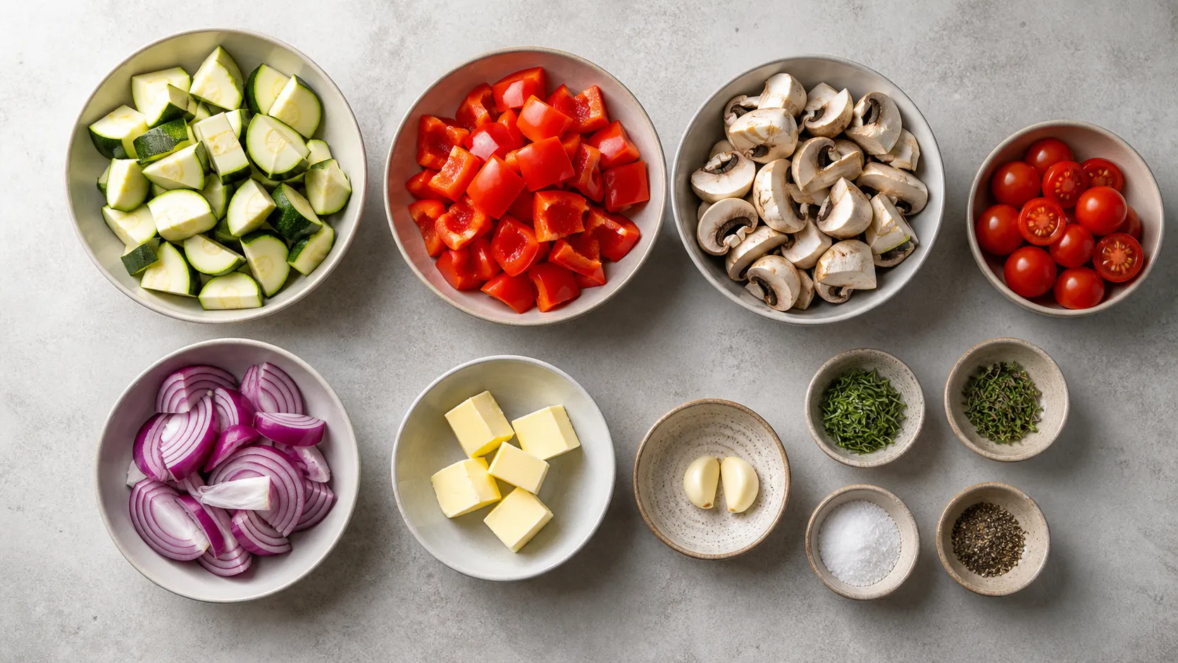 Zutaten für Keto-Grillgemüse: Zucchini, rote Paprika, Champignons, rote Zwiebel, Cherry-Tomaten, Butter, Knoblauch und Kräuter