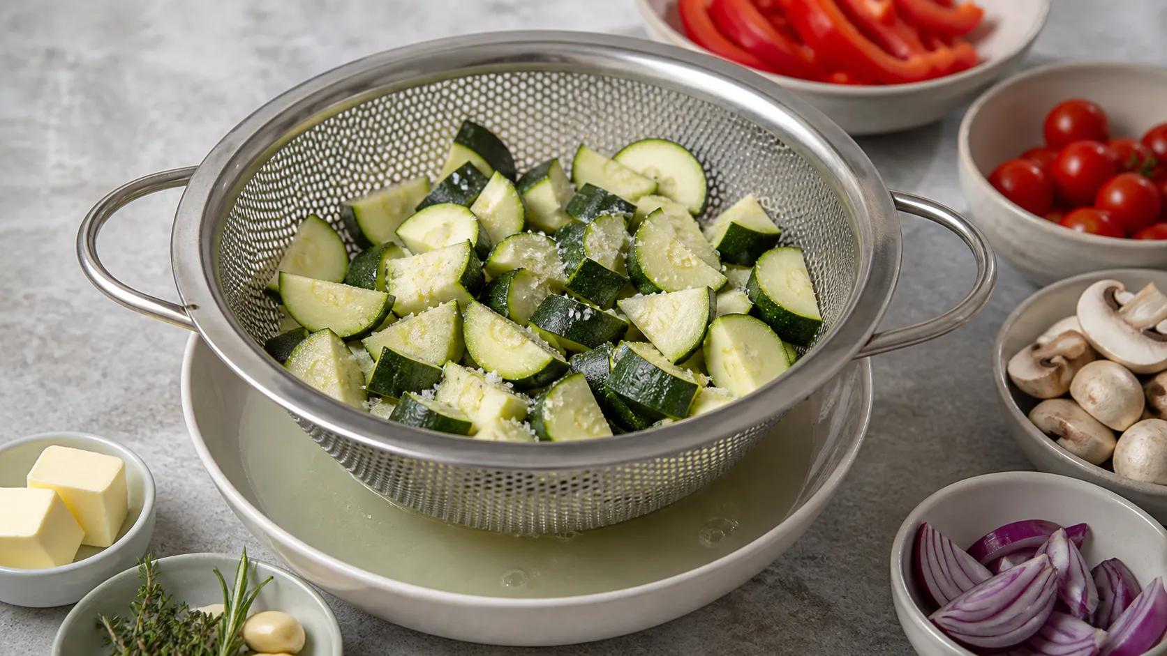 Gesalzene Zucchiniwürfel liegen in einem Sieb und geben Wasser ab