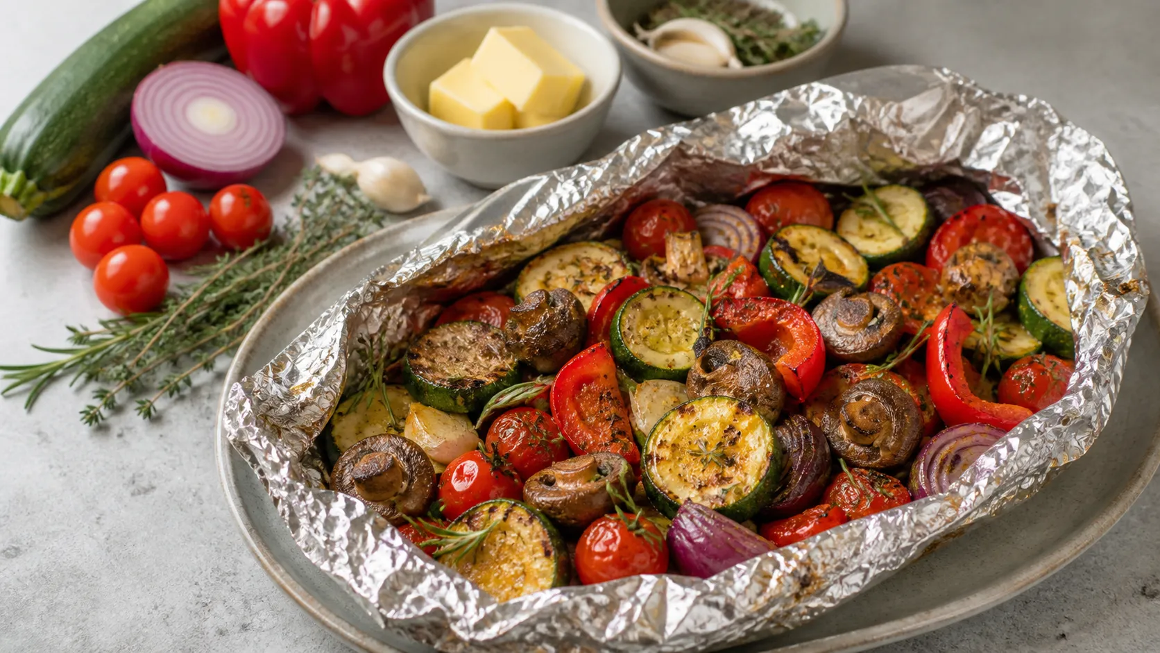 Geöffnetes Folienpäckchen mit gegrilltem Keto-Grillgemüse aus Zucchini, Paprika, Champignons und Cherry-Tomaten