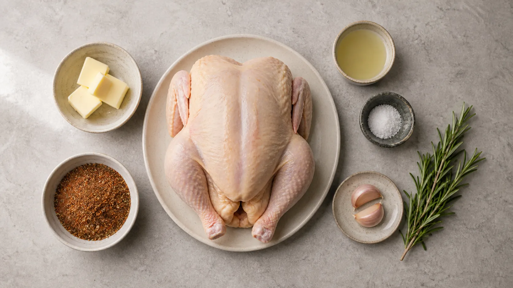 Zutaten für Keto-Grillhähnchen: ein ganzes Hähnchen, Butter, Grill-Rub, Zitrone, Knoblauch und Rosmarin
