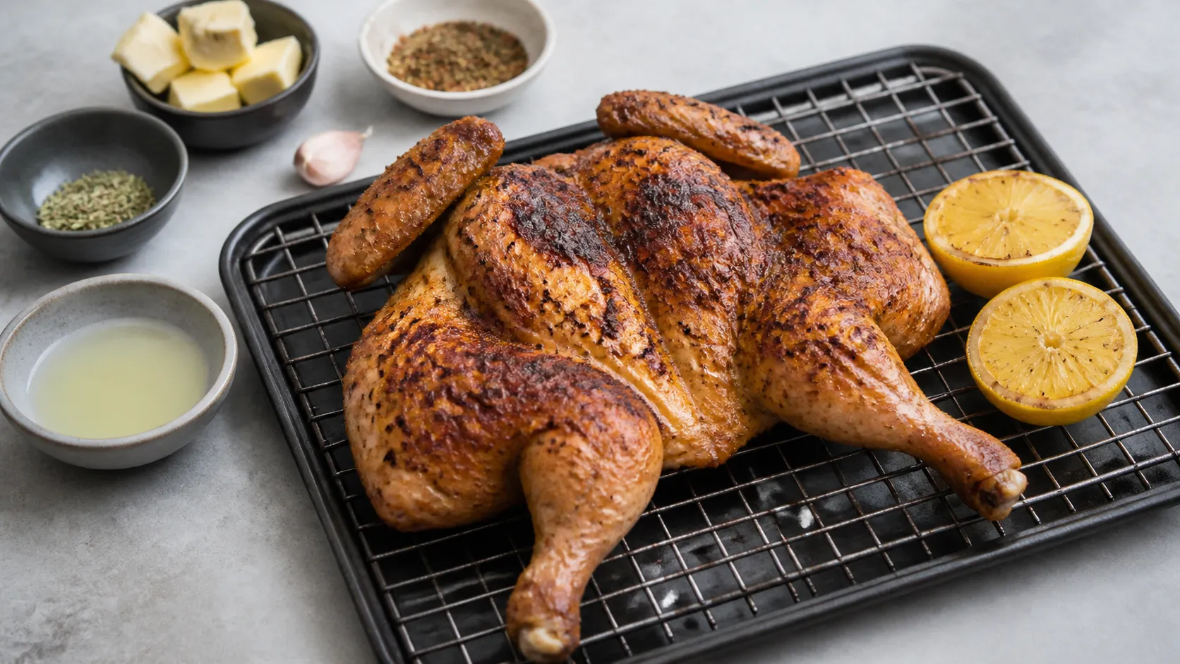Ganzes flachgelegtes Keto-Grillhähnchen mit dunkler Kruste auf dem Grillrost, daneben Zitronenhälften