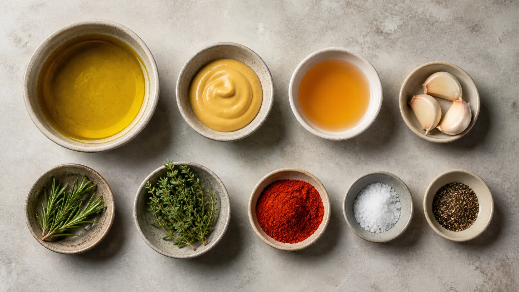Zutaten für Keto-Grillmarinade: Olivenöl, Dijon-Senf, Apfelessig, Knoblauchzehen, Rosmarin, Thymian und Paprikapulver