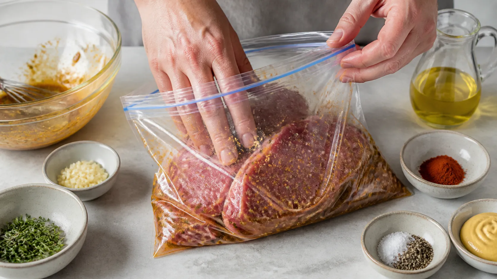 Nackensteaks werden in einem Gefrierbeutel mit Marinade eingerieben