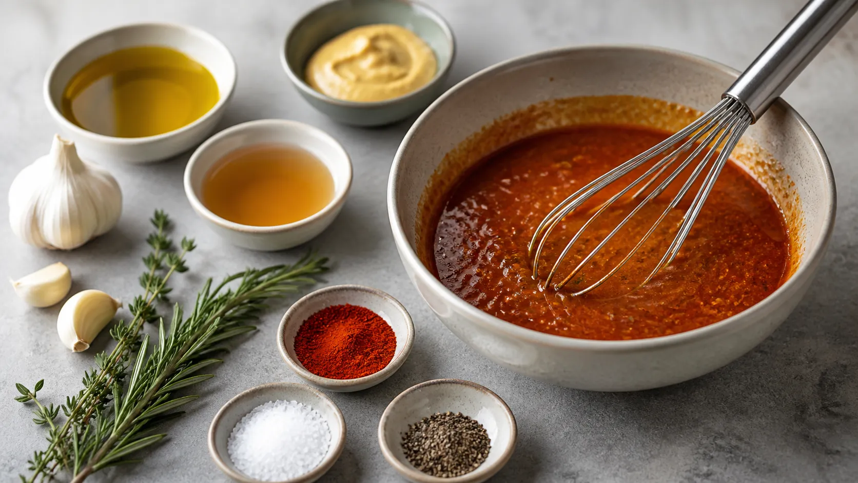 Keto-Grillmarinade in einer Schale mit Schneebesen, daneben Rosmarin, Knoblauch und Paprikapulver