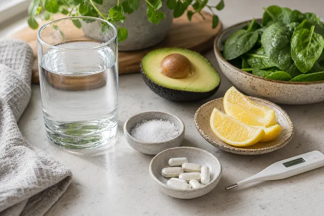 Wasserflasche, Elektrolyt-Tabletten, grünes Gemüse und Zitrone auf einem hellen Küchentisch