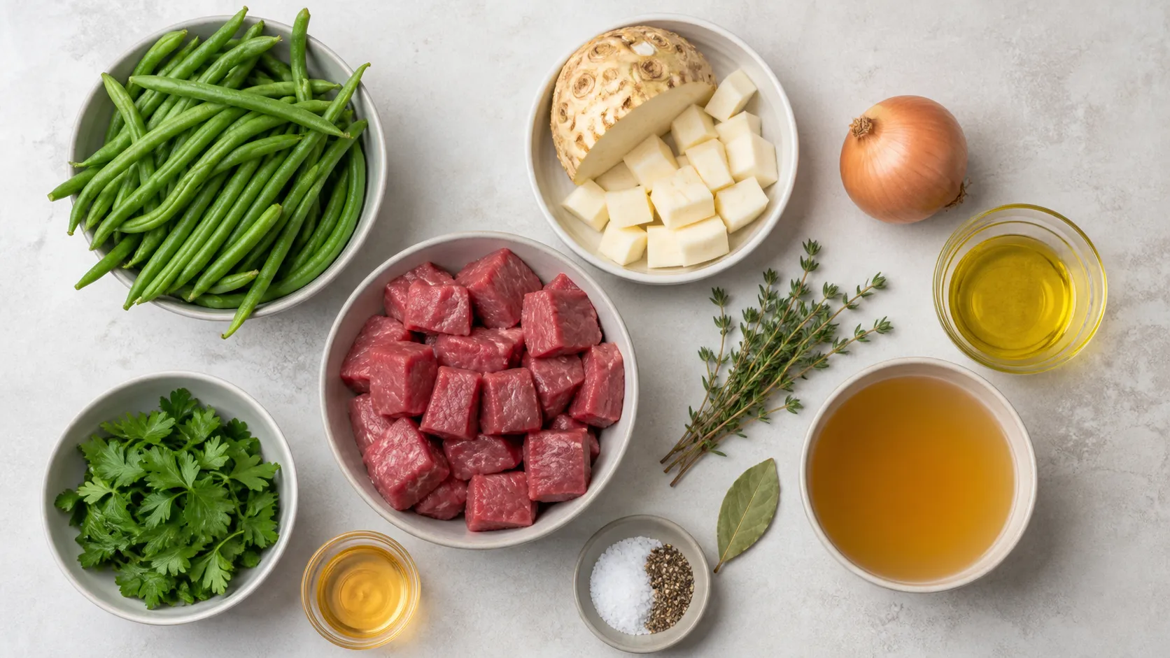 Zutaten für den Keto-Bohneneintopf: Rindfleischwürfel, grüne Bohnen, Knollensellerie, Zwiebel, Bohnenkraut und Lorbeer
