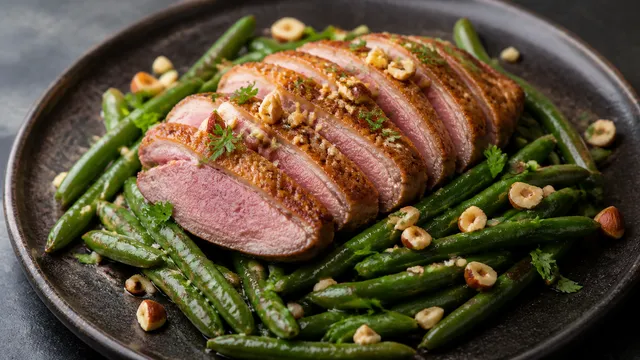 Teller mit lauwarmem grünen Bohnensalat, rosa aufgeschnittenen Entenbrustscheiben mit knuspriger Haut und gerösteten Haselnüssen