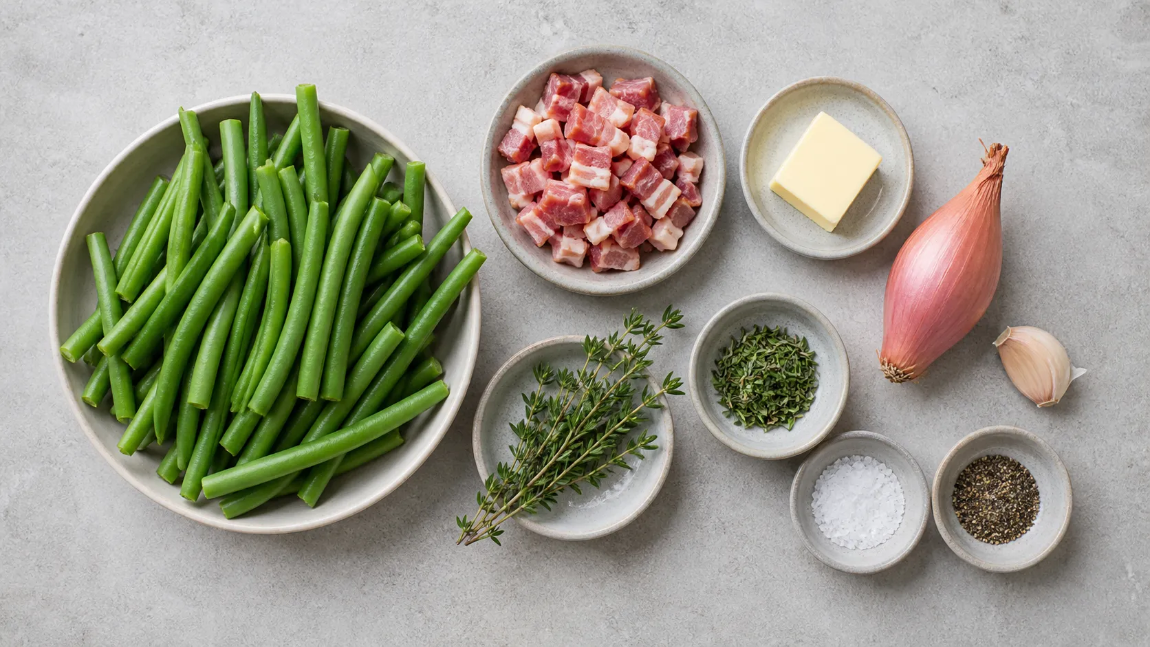 Zutaten für grüne Bohnen mit Speck: frische Bohnen, Speckwürfel, Schalotte, Knoblauch, Butter und Bohnenkraut