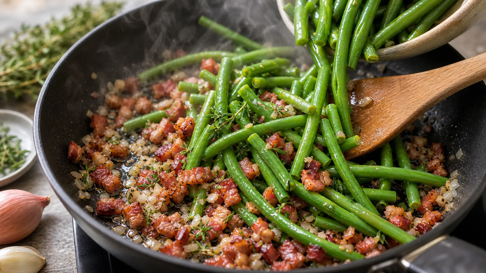 Blanchierte grüne Bohnen werden mit knusprigem Speck, Schalotte und Butter in der Pfanne geschwenkt