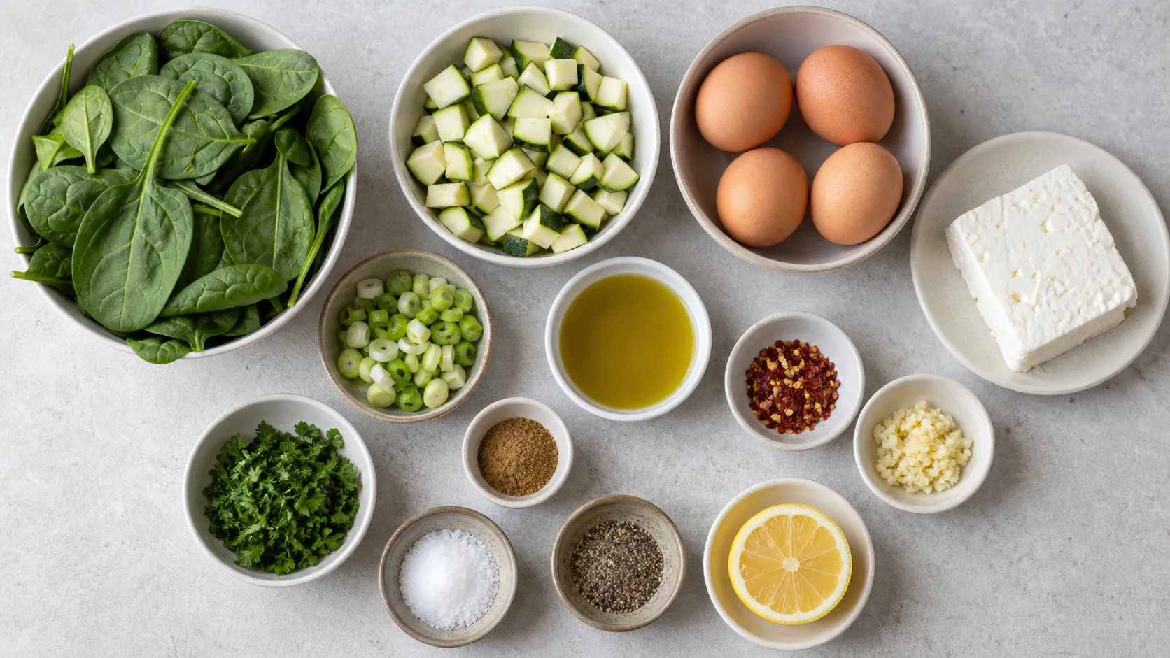 Zutaten für grüne Keto-Shakshuka mit Blattspinat, Zucchini, Eiern, Feta-Käse, Knoblauch und Gewürzen