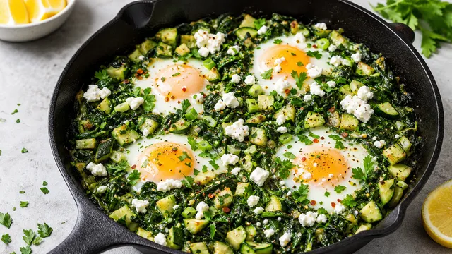Grüne Keto-Shakshuka mit Spinat, Zucchini, pochierten Eiern und zerbröseltem Feta-Käse in einer Gusseisenpfanne