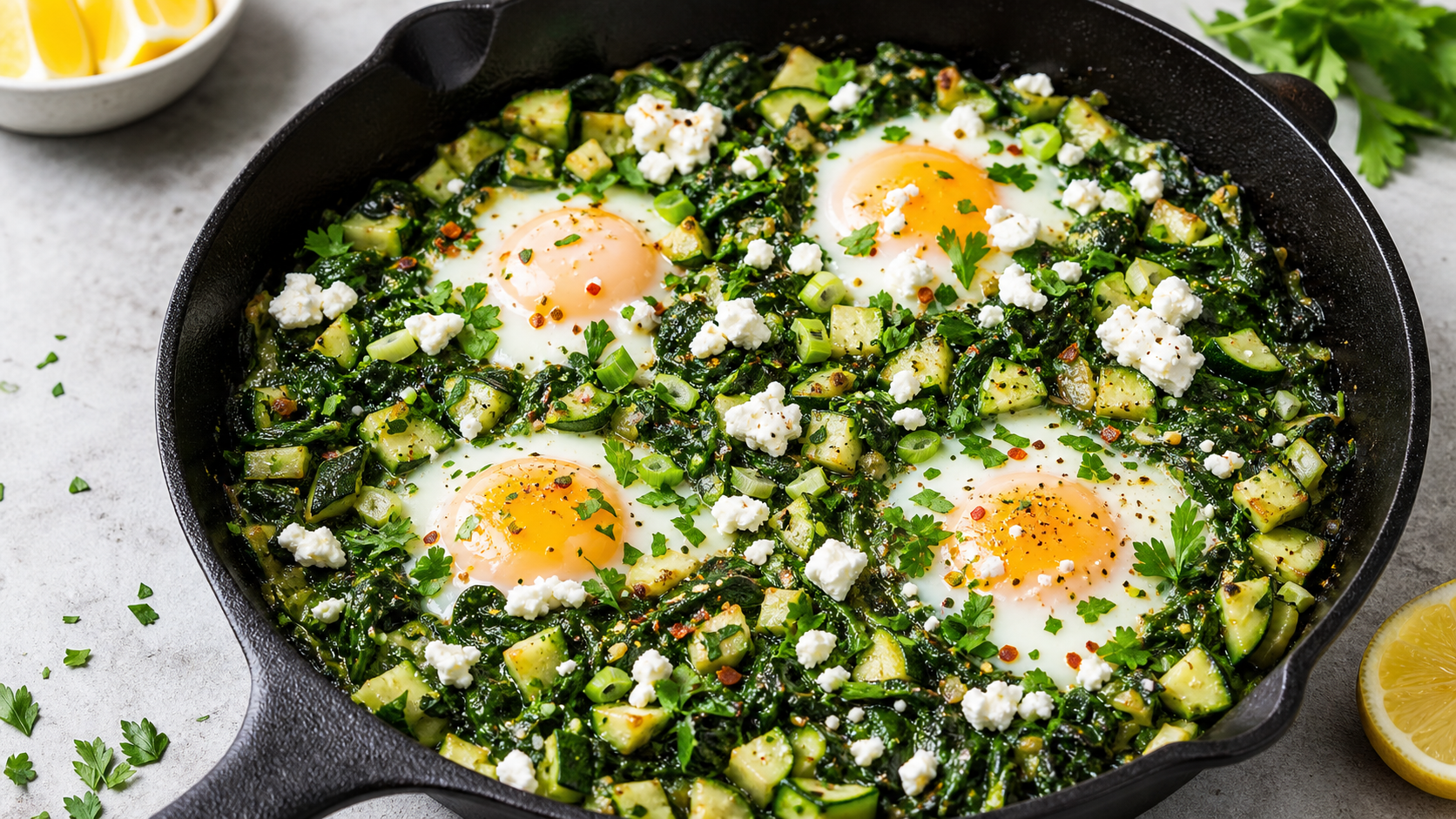 Grüne Keto-Shakshuka mit Spinat, Zucchini, pochierten Eiern und zerbröseltem Feta-Käse in einer Gusseisenpfanne