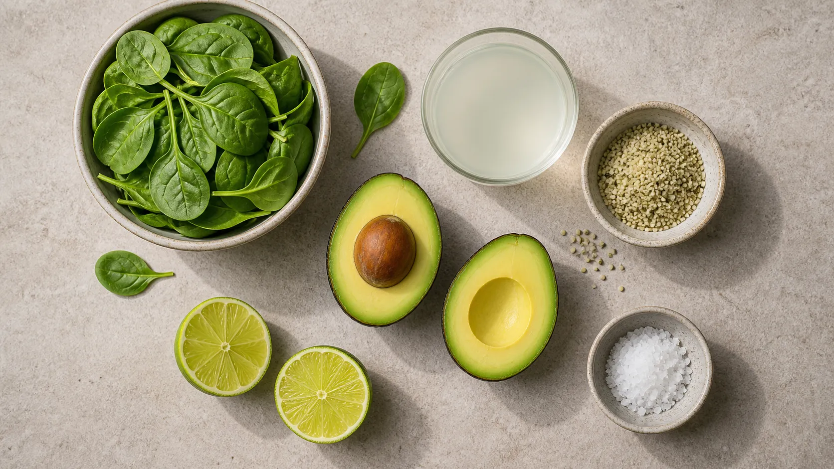 Zutaten für Keto Elektrolyt-Smoothie: reife Avocado, Babyspinat, Limette, Kokoswasser, Meersalz und Hanfsamen