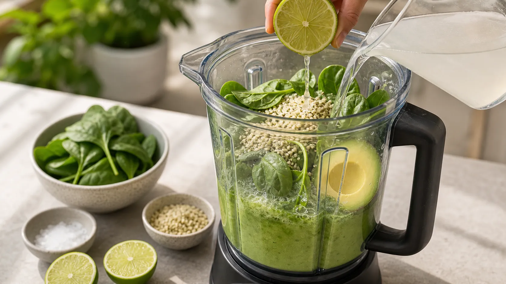 Avocado, Spinat und Kokoswasser werden im Hochleistungsmixer zu einem cremigen grünen Smoothie püriert