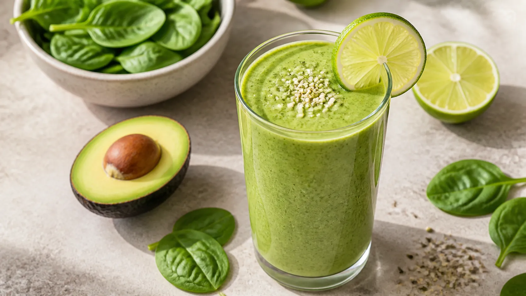 Keto Grüner Elektrolyt-Smoothie in einem hohen Glas mit cremiger Avocado-Basis, frischem Spinat und Limetten-Scheibe als Garnitur