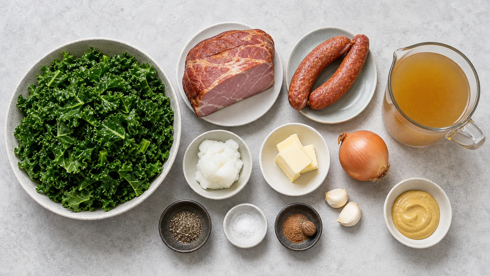 Zutaten für Keto-Grünkohl: Grünkohl, Kasseler, Mettenden, Zwiebel, Knoblauch, Schweineschmalz und Senf