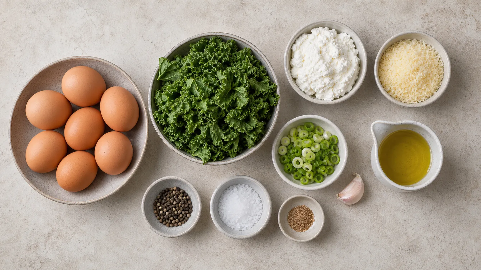 Zutaten für Keto Grünkohl-Parmesan-Frittata: Eier, Grünkohl, Ricotta, Parmesan, Frühlingszwiebel, Olivenöl, Knoblauch und Muskat